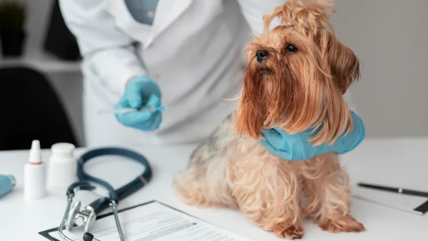 Veterinaria atendiendo a un perro