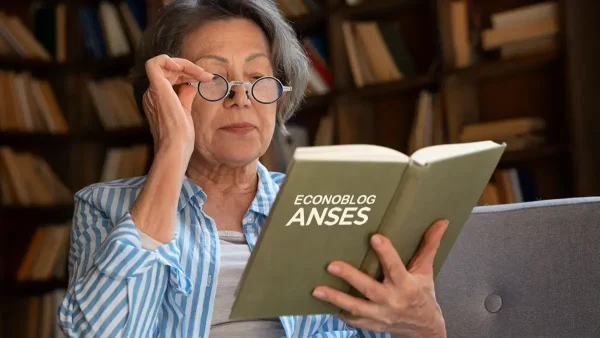 Jubilada leyendo libro de Anses con lentes