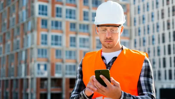 Trabajador con casco usando su celular