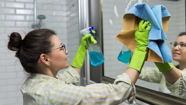 Empleada doméstica limpiando un espejo