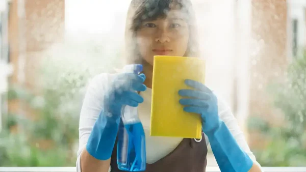 Personal doméstico limpiando un vidrio