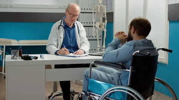 Médico atendiendo a persona con discapacidad