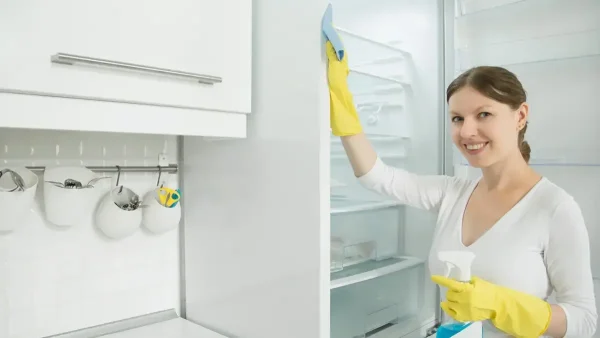 Empleada del servicio doméstico limpiando una heladera