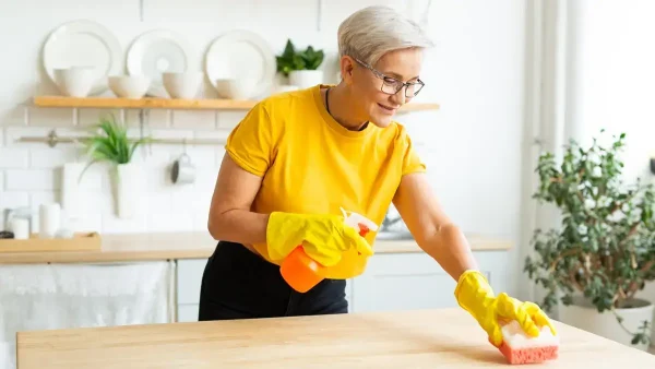 Empleada doméstica limpiando una mesada