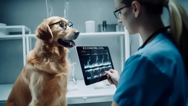 Doctora mirando la radiografía de un perro