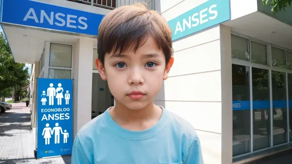 Niño en oficina de Anses con cartel de AUH y SUAF