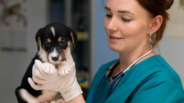 Perro siendo atendido por una veterinaria